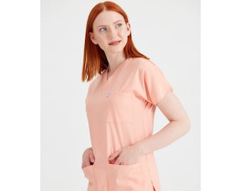 Salmon Color Scrub Set, Comfortable Nurse Scrub, Stretchy Scrub, Pink Women&#39;s Scrub Set, Scrub Uniform, Medical  Nurse Dress, MOODA1143