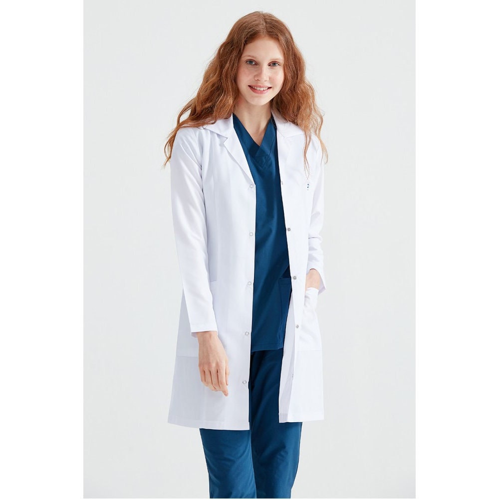 Women's Medical Long Sleeves White Lab Coat, Doctor Dentist Surgeon Pharmacist Therapist Medical Uniform, MOODA086