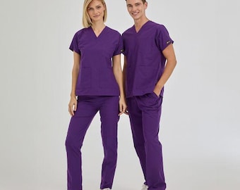 Conjunto de uniforme médico con cuello en V - Uniforme morado para enfermeras y médicos - Uniforme sanitario unisex con bolsillos - Elegante y funcional, T100.27