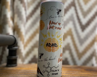 ADHD Tavel mug with lid and straw. Adhd awareness. 80HD, bees in the head, now or not now