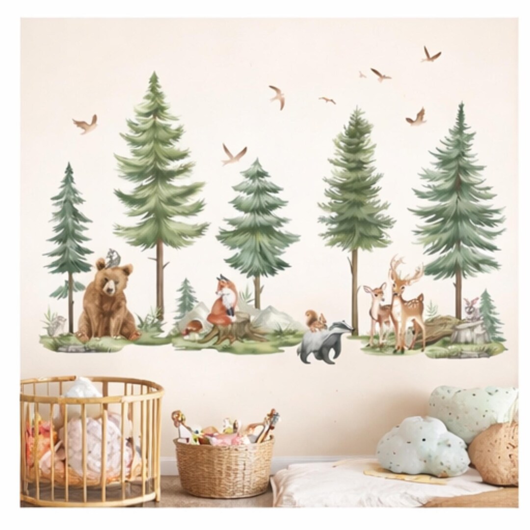 Woodland Wall Decals Nursery Forest Animal Wall Stickers Pine Tree Bear ...