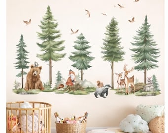 森の動物のウォールステッカー、子供部屋、森の動物のウォールステッカー、松の木、クマ、鹿、ジャングルのウォールアート、子供部屋、ベビー部屋の装飾