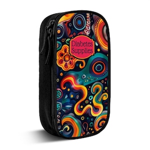 May include: A black zippered pouch with a colourful abstract design and the text "Diabetes Supplies".