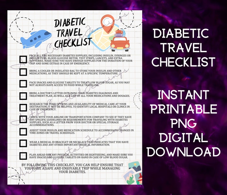 Diabetic Travel Checklist Printable PNG DIGITAL DOWNLOAD Type Etsy