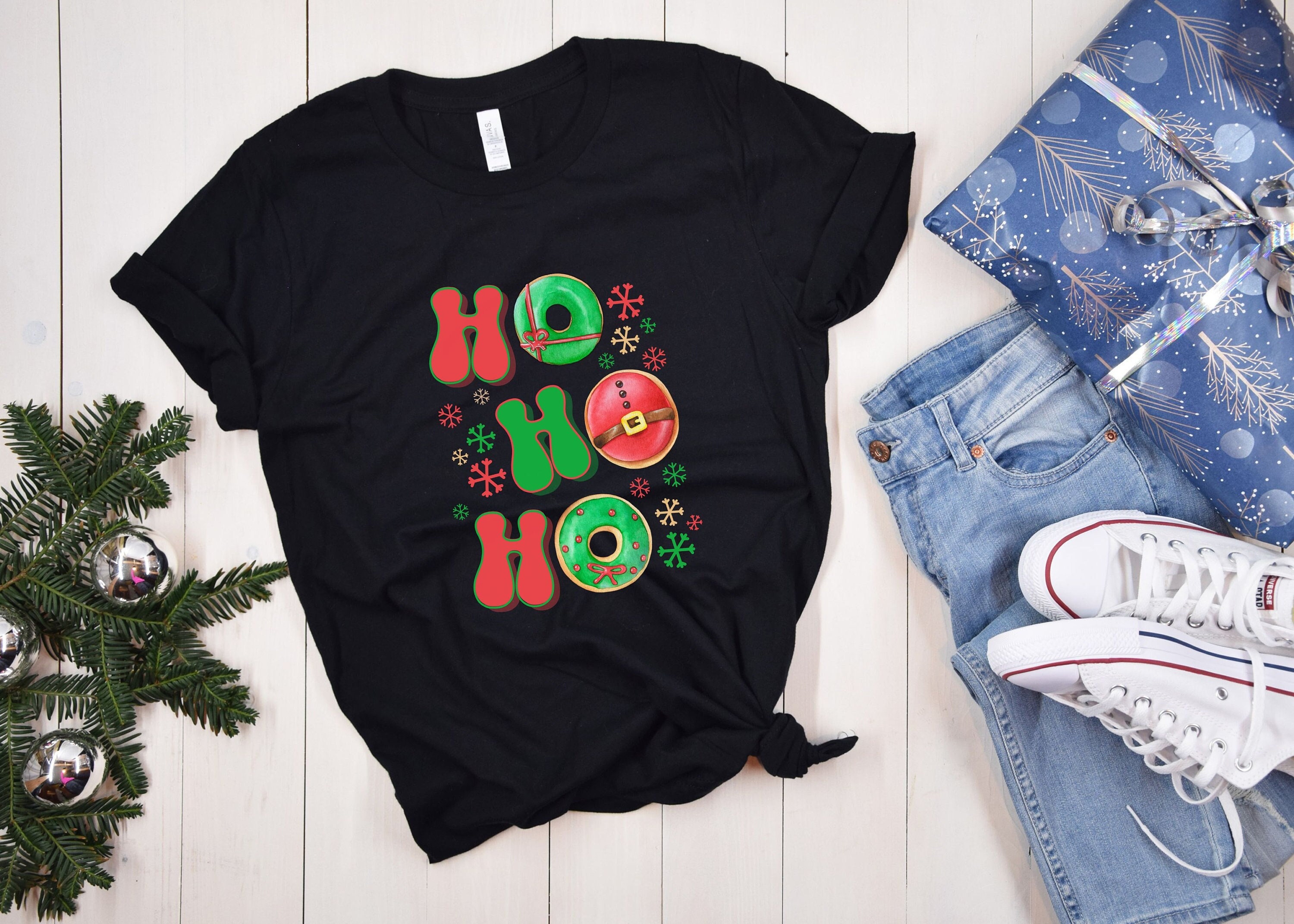 Retro Christmas T Shirt, Christmas Gifts Secret Santa Gift Donut Tee Shirt