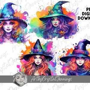 Colorful Halloween Witch Design, Watercolor Witch T Shirt Design, Witch Instant Download Halloween PNG DIGITAL DOWNLOADS, Witch Sublimation image 1