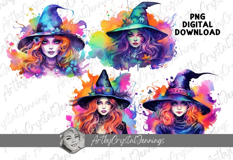 Colorful Halloween Witch Design, Watercolor Witch T Shirt Design, Witch Instant Download Halloween PNG DIGITAL DOWNLOADS, Witch Sublimation image 1