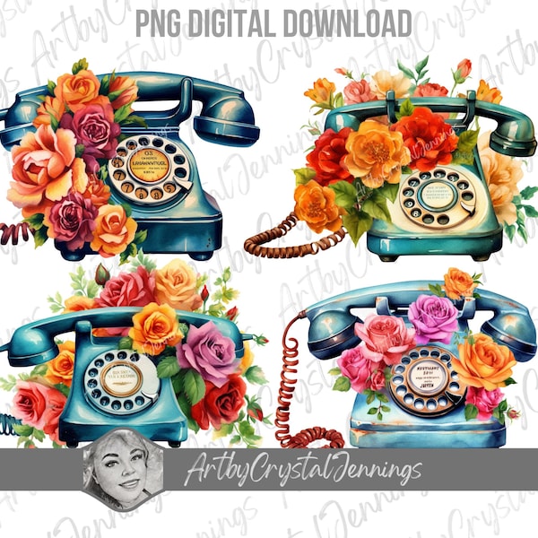Floral Vintage Rotary Phone Watercolor Instant Download Vintage Antique Phone PNG DIGITAL DOWNLOADS Antique Rotary Phone Vintage Phone Gift