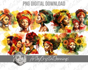 Juneteenth Design Watercolor African American Instant Download Rasta Gift PNG DIGITAL DOWNLOADS African Queen Art, Juneteenth Family Clipart