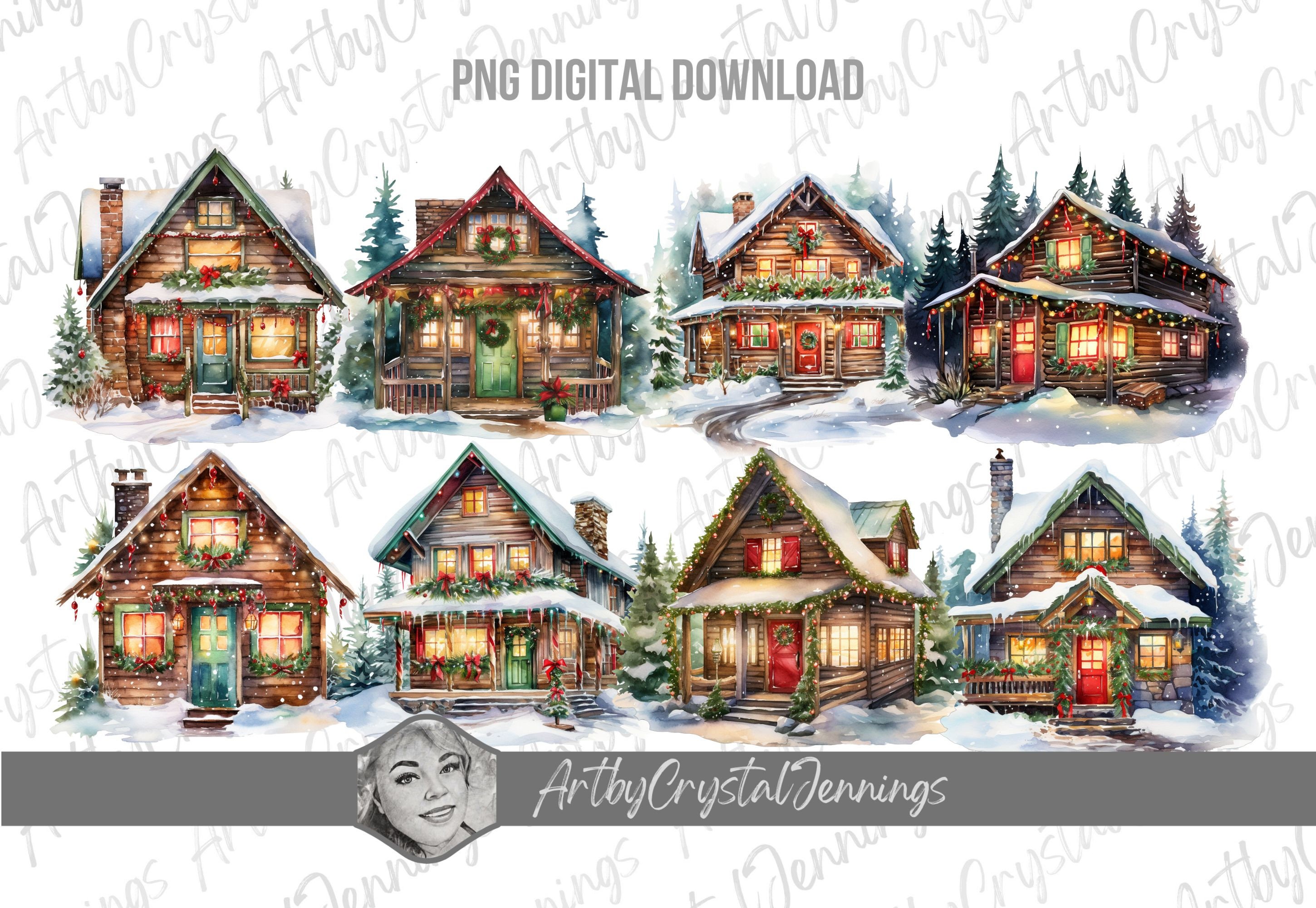 Christmas Log Cabin In Snow, Watercolor Holiday House Instant Download Log Cabin Home PNG DIGITAL DOWNLOADS, Winter Log Cabin Gift