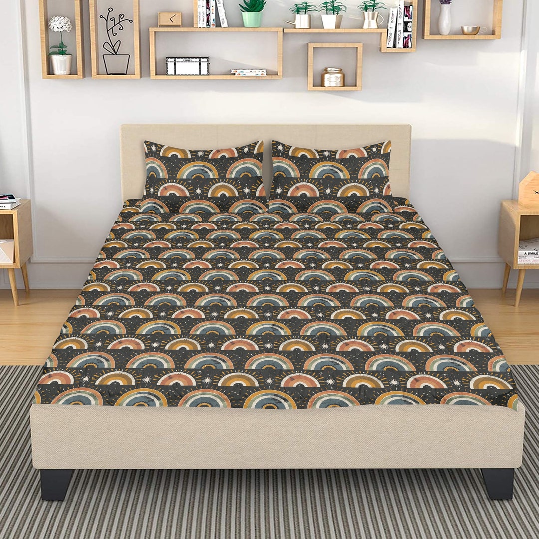 Boho Rainbow Quilted Bed Set, Comforter & Pillowcases, Bedding Gift ...
