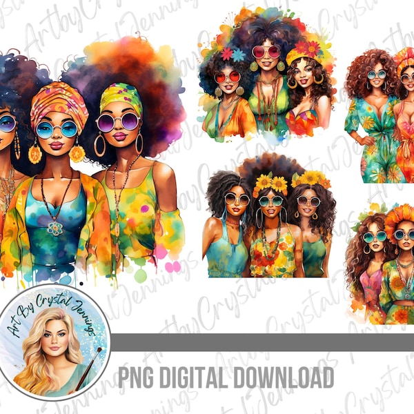 Retro Hippie Best Friends, Hippy Soul Sisters Instant Download, Vintage Groovy Psychedelic PNG DIGITAL DOWNLOADS, Trippy Girls In Sunglasses