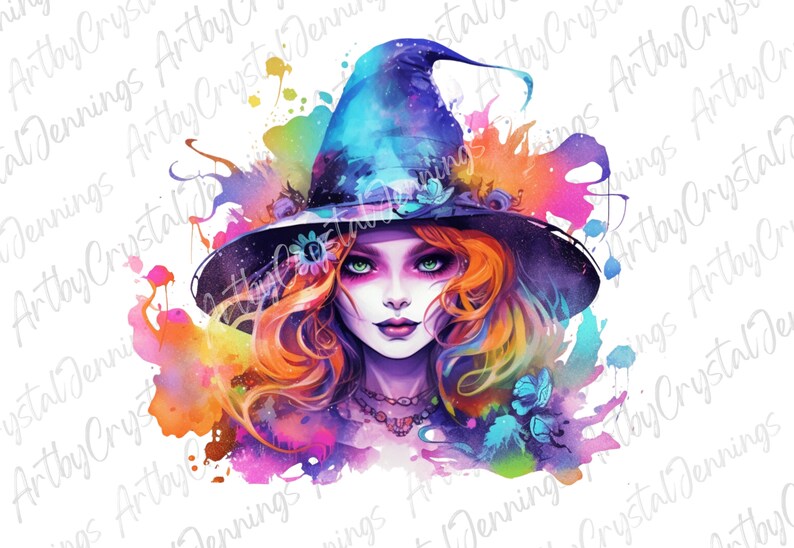 Colorful Halloween Witch Design, Watercolor Witch T Shirt Design, Witch Instant Download Halloween PNG DIGITAL DOWNLOADS, Witch Sublimation image 6