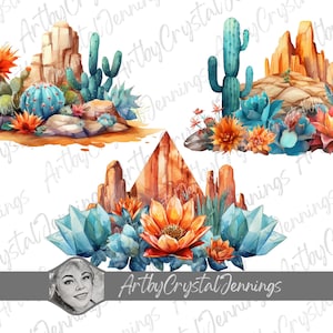 May include: Three watercolor illustrations of desert landscapes with cacti, succulents, and rock formations. The first illustration features a large cactus with a bright orange flower. The second illustration features a smaller cactus with a blue flower. The third illustration features a large crystal with a pink flower.