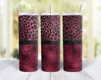 Black & Burgundy Animal Print Glitter Tumbler Wrap PNG DIGITAL DOWNLOAD Sublimation Design, 20 oz Skinny Burgundy Black Tumbler Gift Wrap