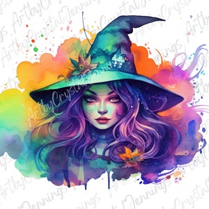 Colorful Halloween Witch Design, Watercolor Witch T Shirt Design, Witch Instant Download Halloween PNG DIGITAL DOWNLOADS, Witch Sublimation image 3