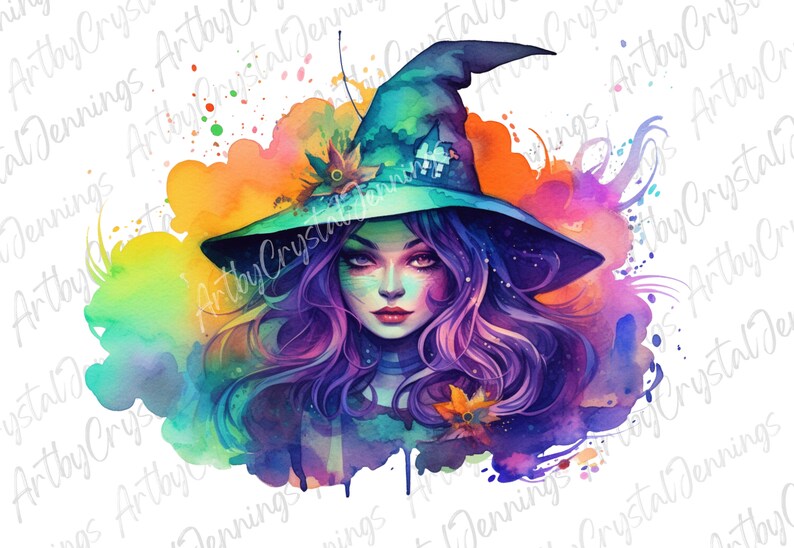 Colorful Halloween Witch Design, Watercolor Witch T Shirt Design, Witch Instant Download Halloween PNG DIGITAL DOWNLOADS, Witch Sublimation image 3