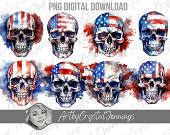 Bandera patriótica estadounidense: Calavera, acuarela, PNG (Descarga digital)