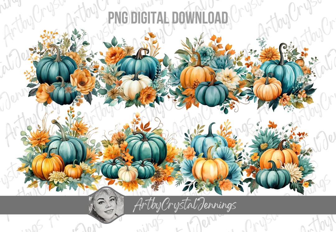Autumn Teal Pumpkin Fall Watercolor Thanksgiving Fall Decor Instant ...