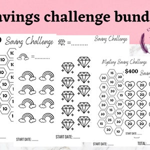 Puede incluir: Un paquete de desafíos de ahorro imprimible con cuatro desafíos diferentes. El primer desafío es ahorrar 300 € ahorrando 1 €, 10 € o 100 € cada día. El segundo desafío es ahorrar 400 € ahorrando una cantidad misteriosa cada día. El tercer desafío es ahorrar 400 € ahorrando 20 € cada día. El cuarto desafío es ahorrar 400 € ahorrando una cantidad misteriosa cada día.