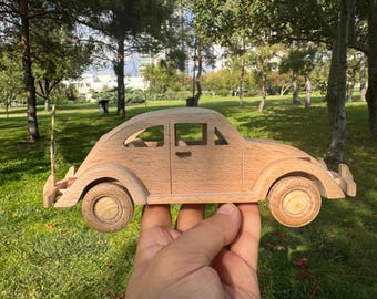 Handmade Wooden Beetle Car Model – Retro Classic Toy Decor – Natural Wood Push Car