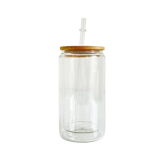 15oz Double Walled Glass Tumbler Blank Can Sublimation Bamboo Lid and Straw