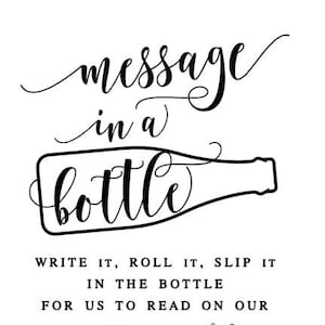 Może przedstawiać: Czarno-biała drukowalna tabliczka z tekstem "message in a bottle" i rysunkiem butelki. Tabliczka zawiera również tekst "Write it, roll it, slip it in the bottle for us to read on our first anniversary. Thank you!"