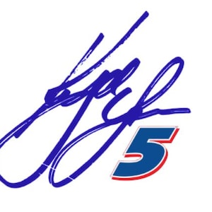 May include: A blue signature with the number 5 in a red and blue design. The signature is in a cursive style, with the number 5 in a bold, blocky font.