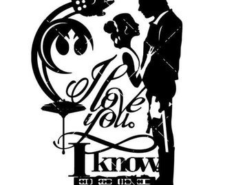 May include: Black and white silhouette of a couple, a man and a woman, standing close together. The woman is holding a flower. The text "I love you. I know" is written in a stylized font below the couple.