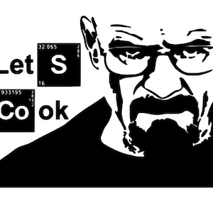 May include: Black and white illustration of a man's face with a serious expression. The text "Let's Cook" is written in black letters with the words "Let" and "Cook" separated by two chemical element boxes. The box on the left is labelled "Co" with the atomic number 27 and the atomic weight 58.933195. The box on the right is labelled "S" with the atomic number 16 and the atomic weight 32.065.