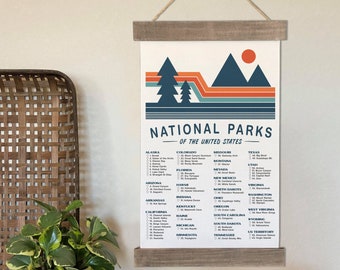National Park Checklist Line Art | Mid-Century Travel Poster | Minimalist Outdoorsy Gift