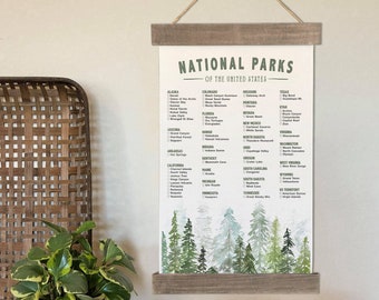 National Park Checklist Poster On Wooden Hanging Canvas With Pen