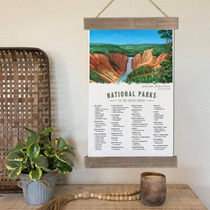 National Park Checklist Poster With Yellowstone Wall Art, Camping Decor To Check Off Your Adventures And Travels Of The 63 US National Parks Hanging Canvas