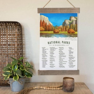 National Park Checklist Poster, Yosemite Wall Art Canvas, Hiking Gifts , RV Gifts, Camping Decor, NPS Travel Bucket List Hanging Canvas