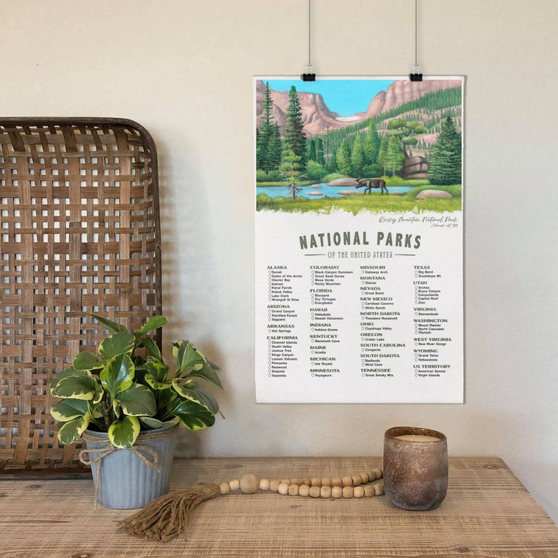 National Park Checklist Poster Wall Art, 63 National Parks Check List Canvas Unframed Canvas