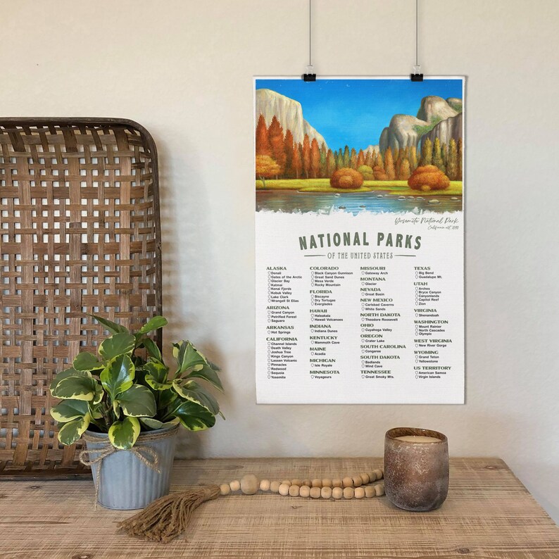 National Park Checklist Poster, Yosemite Wall Art Canvas, Hiking Gifts , RV Gifts, Camping Decor, NPS Travel Bucket List Unframed Canvas