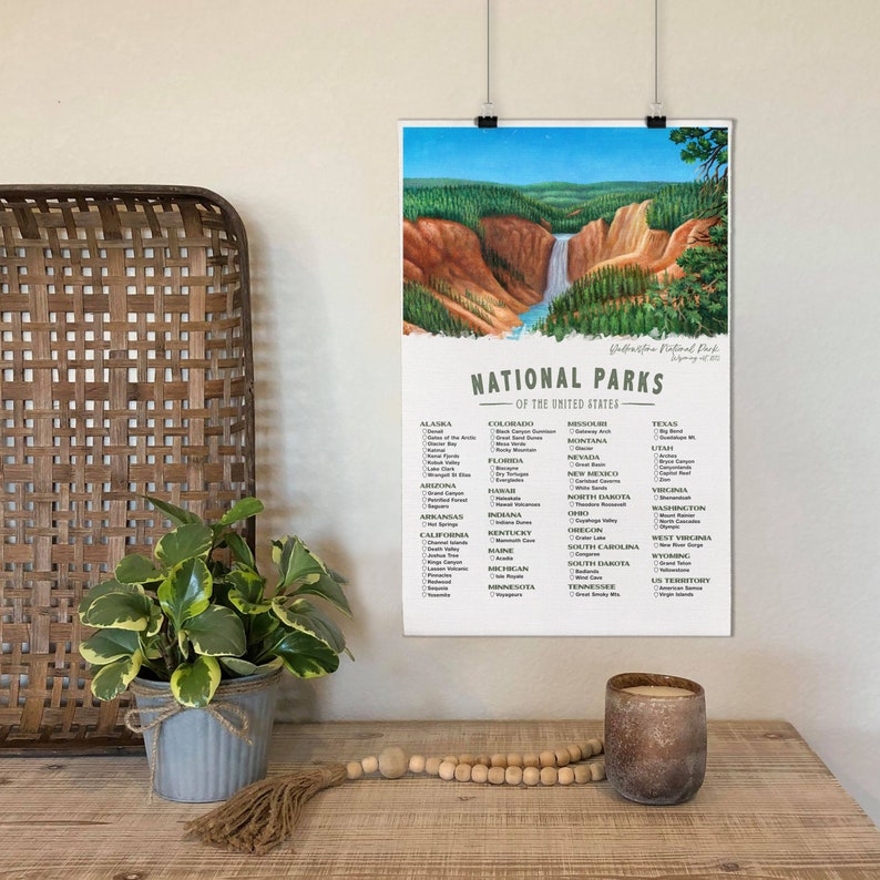 National Park Checklist Poster With Yellowstone Wall Art, Camping Decor To Check Off Your Adventures And Travels Of The 63 US National Parks Unframed Canvas