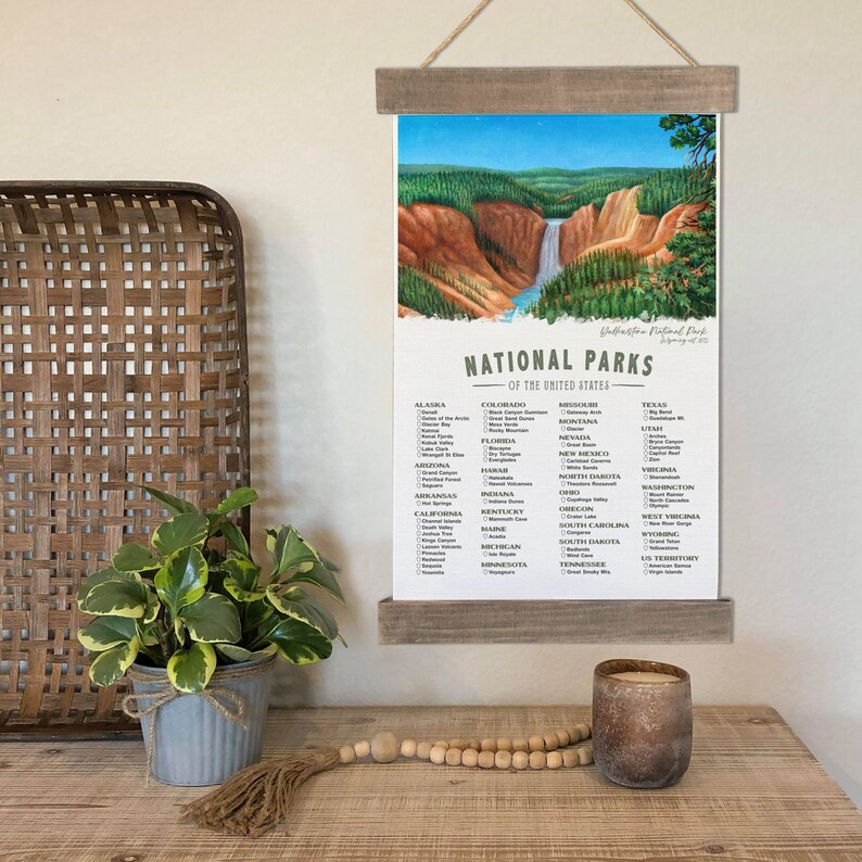 National Park Checklist Poster With Yellowstone Wall Art, Camping Decor To Check Off Your Adventures And Travels Of The 63 US National Parks Hanging Canvas