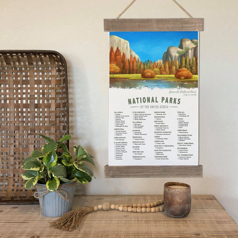 National Park Checklist Poster, Yosemite Wall Art Canvas, Hiking Gifts , RV Gifts, Camping Decor, NPS Travel Bucket List Hanging Canvas