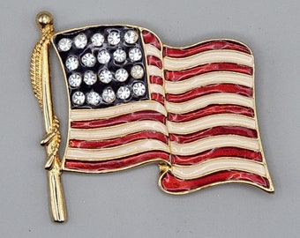 Lux Accessories Gold Tone Red Blue White Rhinestones American Flag Patriotic Pin