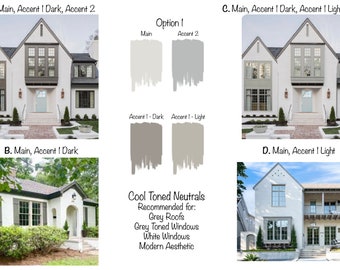 Puede incluir: Cuatro esquemas de colores de pintura exterior para casas con un color principal blanco y varios tonos de gris para los colores de acento. El texto 'Cool Toned Neutrals' se muestra con la recomendación 'Techos grises, ventanas de tono gris, ventanas blancas, estética moderna'.