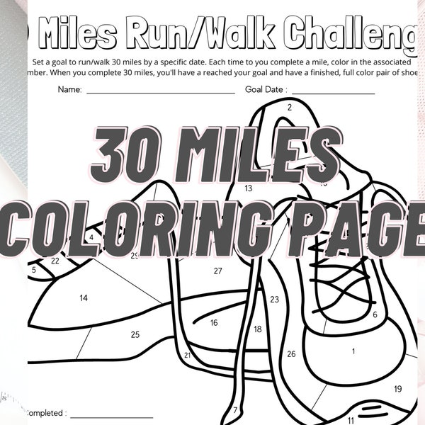 30 Miles Challenge Coloring Page | Walk/Run Goals 30 miles | shoes coloring page | Tracking Miles walked/run