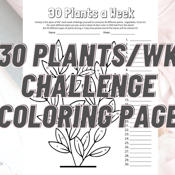 30 Plants A Week Challenge Coloring Page | Eat More Plants Challenge | Plants coloring page | Tracking Plants Eaten Weekly | Gut Protocol