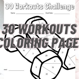 Könnte beinhalten: Eine schwarz-weiße druckbare Malvorlage mit einer 30-Tage-Workout-Challenge. Die Seite zeigt ein Design aus 30 nummerierten Formen, die ausgemalt werden können. Der Text "30 Workouts Challenge" befindet sich oben auf der Seite. Der Text "30 Workouts Coloring Page" befindet sich in der Mitte der Seite.