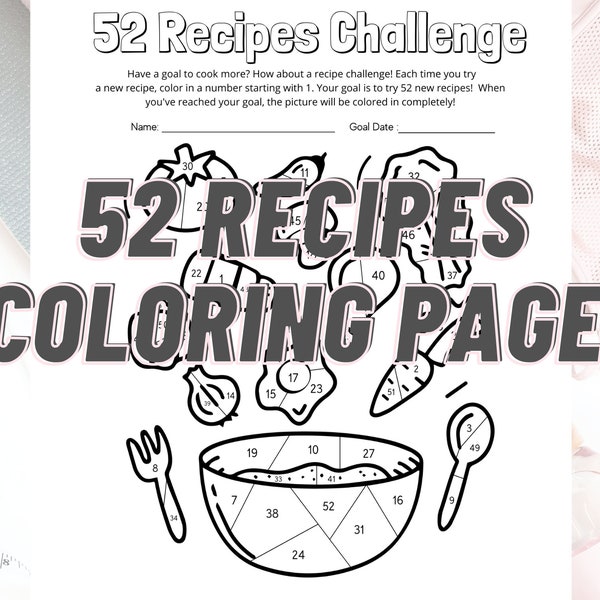 52 Recipes Challenge Coloring Page | Cooking Goals 52 Recipes | Food coloring page | Tracking Recipes Cooked