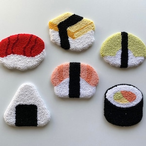 Punch Needle Coasters, Sushi coasters, Handmade Mug Rug, Trend Rug Coasters, Drink Coasters For Sushi Lovers
