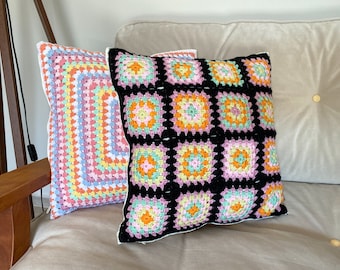 Colorful Granny Square Decorative Crochet Pillow Cushion Cover, Throw Pillow Cover