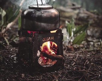 Caixa de fogo com estojo de transporte de lona impermeável e encerada. Caixa de fogo, Bushbox, fogueira, Bushcraft, grelha, caminhada, caixa, acampamento