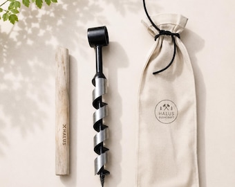 May include: A survivalist's kit featuring a hand auger drill with a black handle and silver drill bit, a wooden mallet, and a canvas bag with the text "HALUS BUSHCRAFT". The wooden mallet has the text "X HALUS".