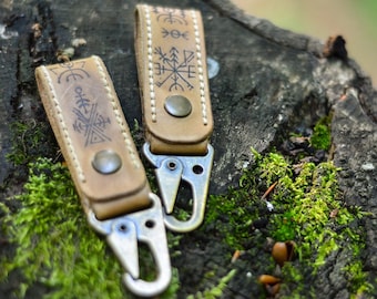Bjorn Krok Leather Belt Hook & Keychain / Vegetal leather, Viking Runic, Symbols, Carkeys, Camping, Bushcraft, Outdoors,